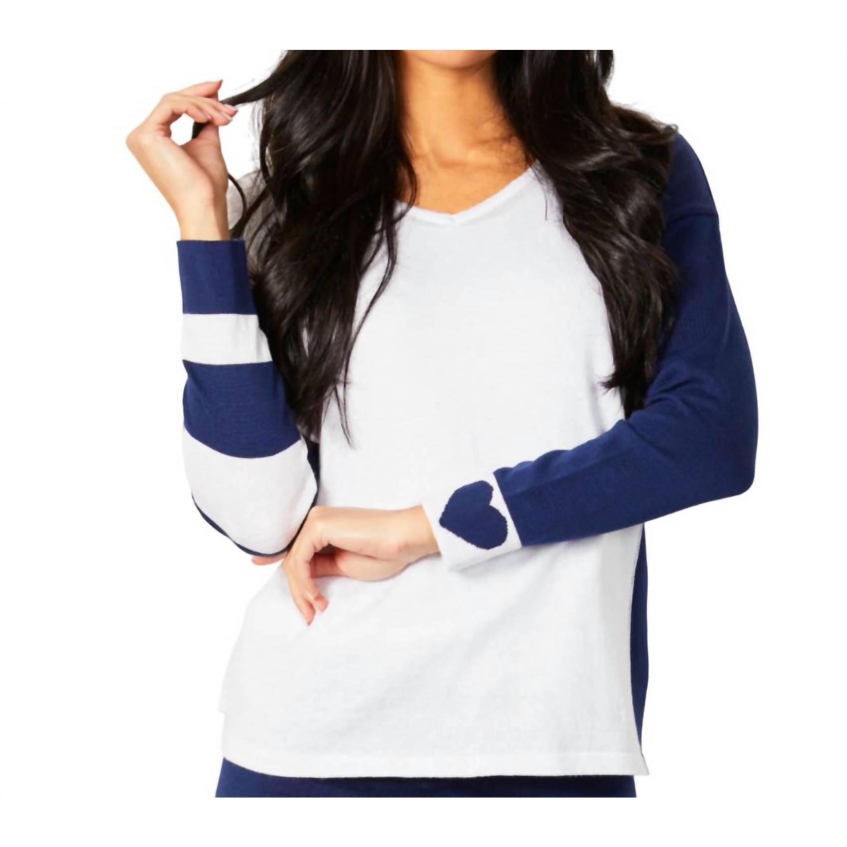 New Angel Apparel Heart V-Neck Hoodie In White/Navy